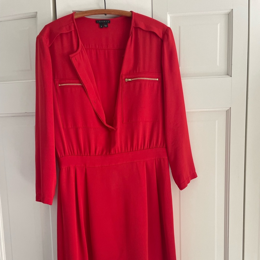 Theory red silk shirt dress with half sleeves
